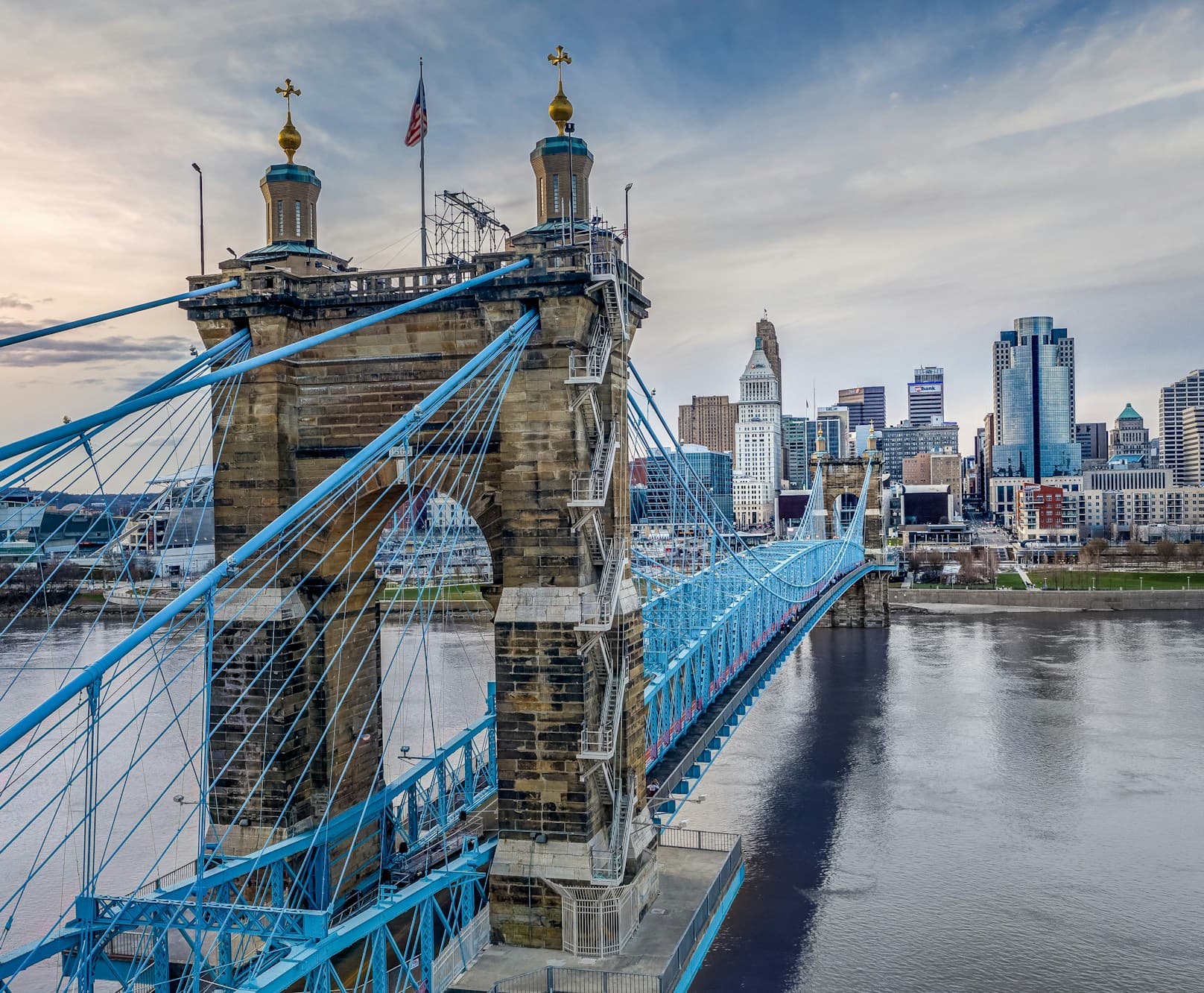 The Roebling Suspension Bridge over the Ohio River, with the Cincinnati skyline behind
