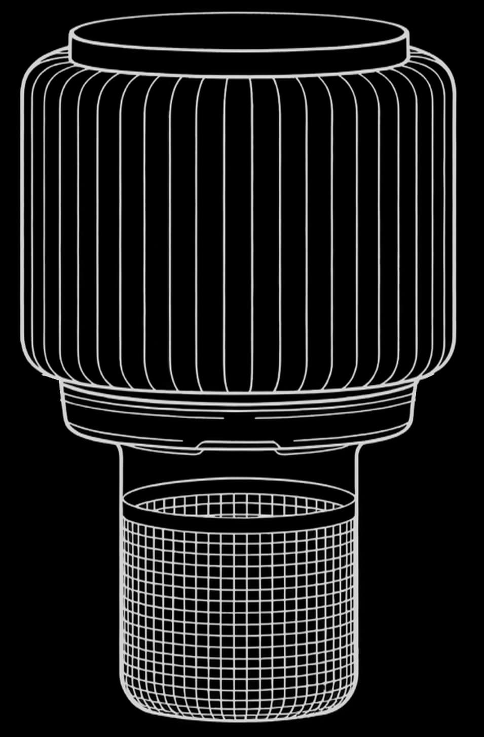 Line drawing of the omomi filter: coral housing above a stainless steel mesh basket holding the refill