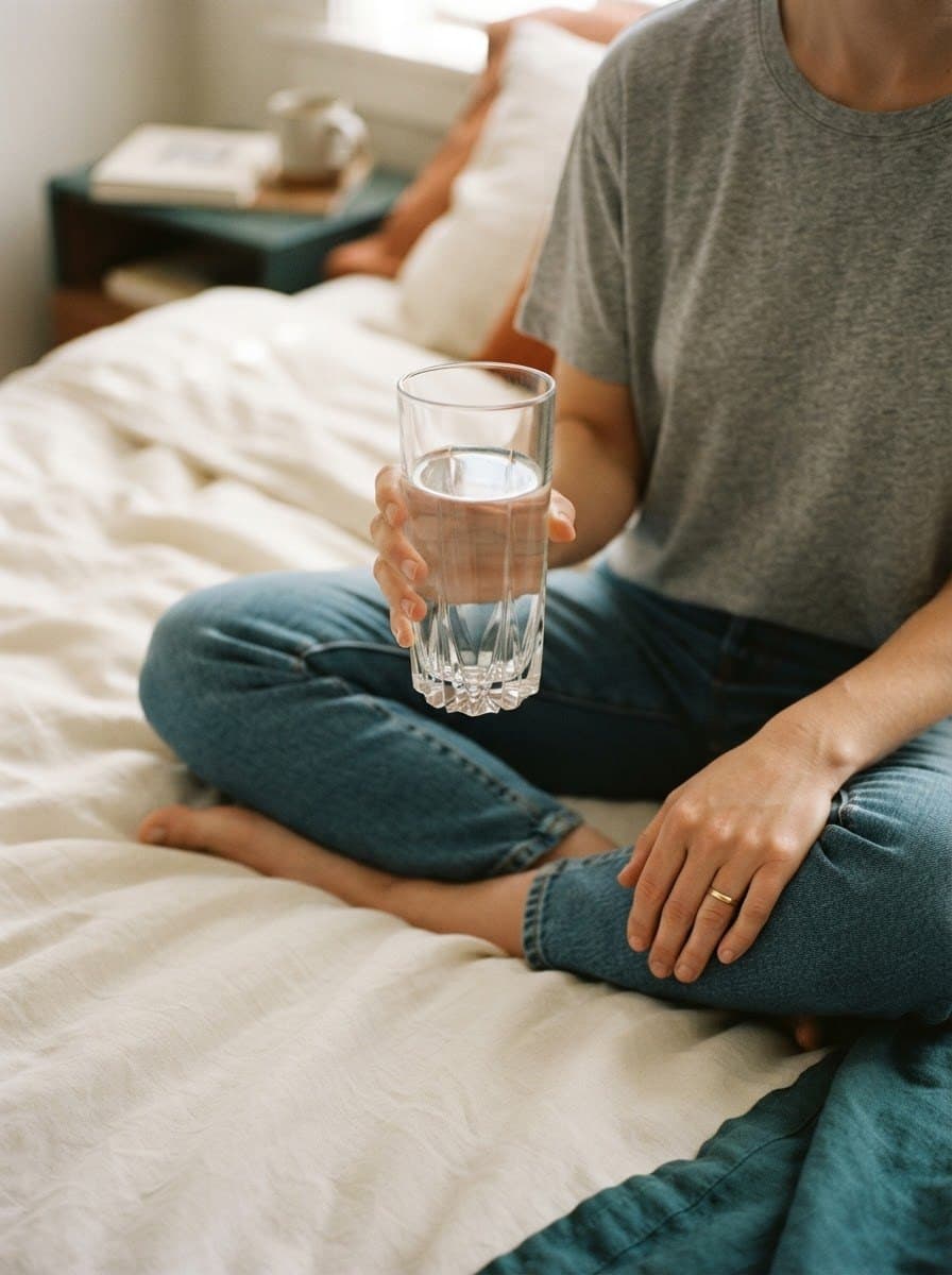 Someone sitting on a bed holding a glass of water