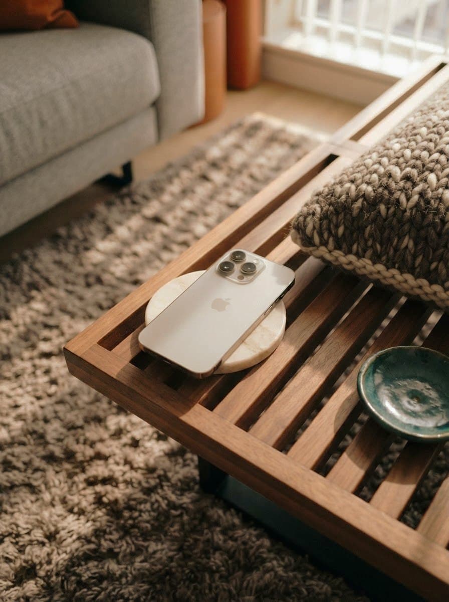 A phone on a wireless charger on a wooden coffee table